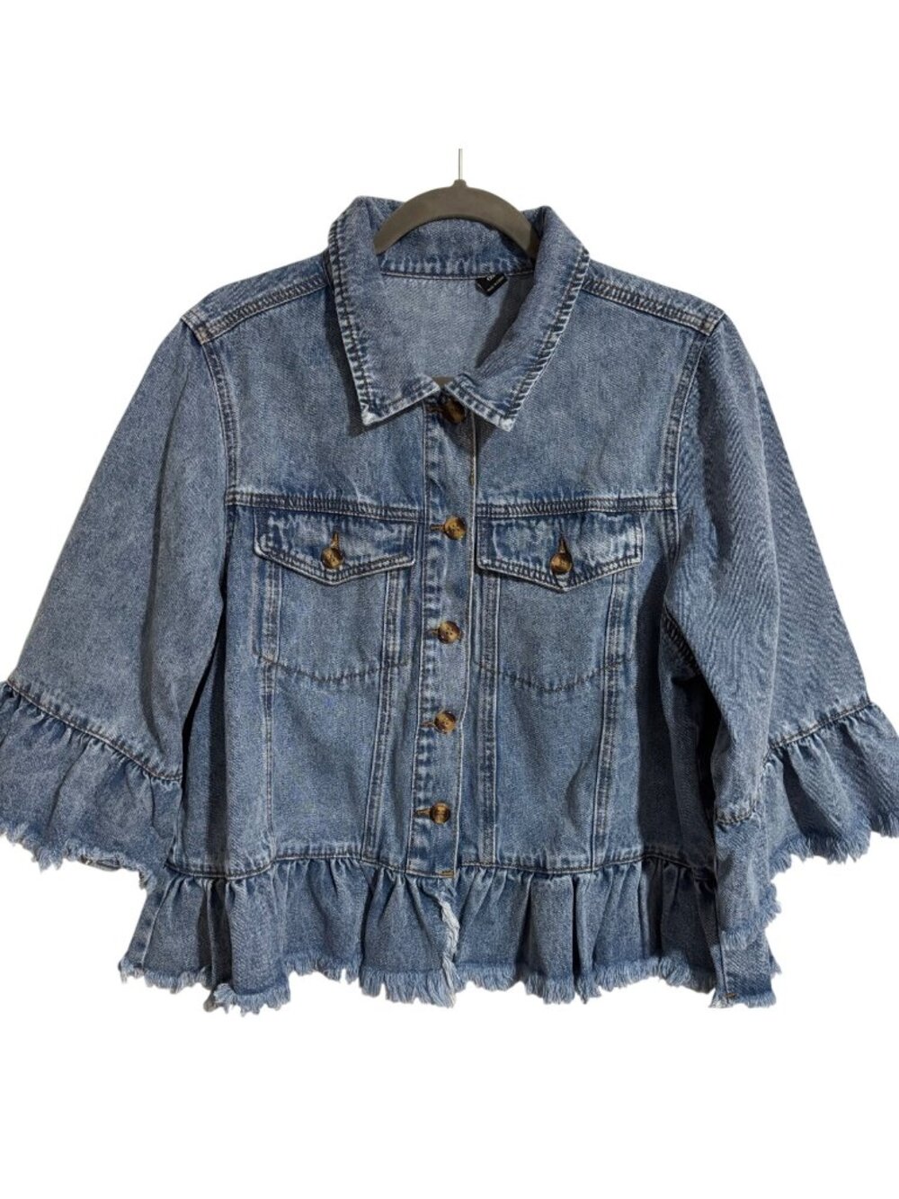 Ruffled Denim Jacket With Frayed Hemline Button-Front Closure Size 1XL Women